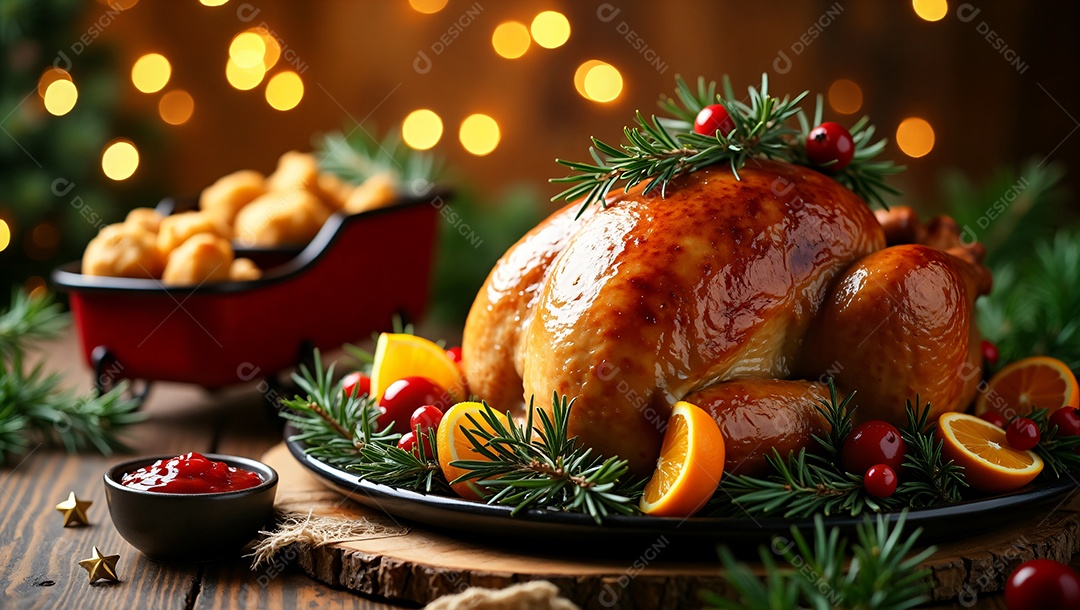 Frango assado com decoração natalinas