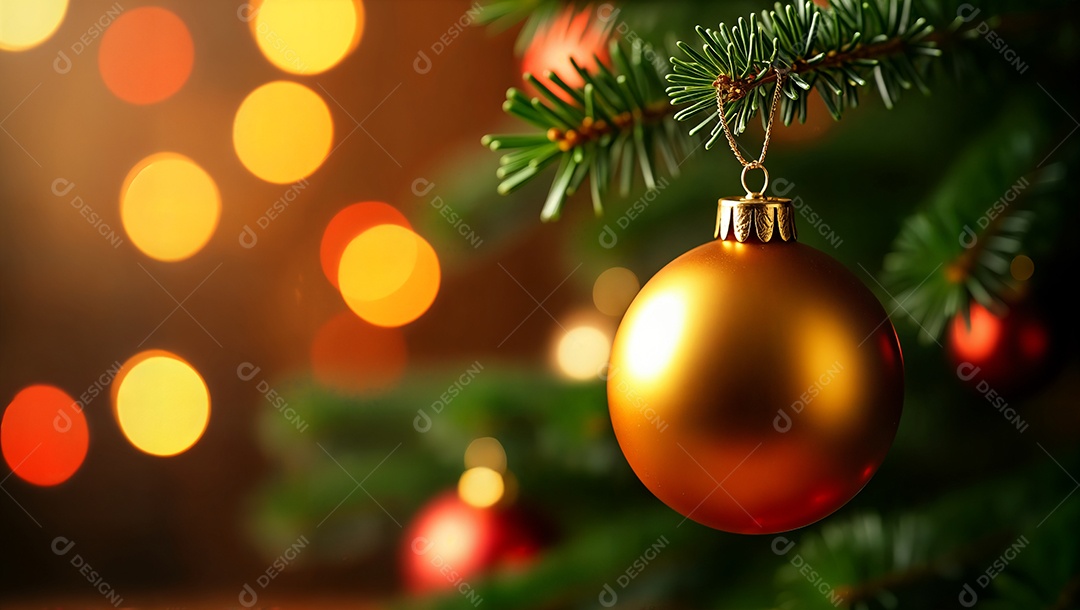 Galhos de árvore com bolas de enfeites e luzes natalinas