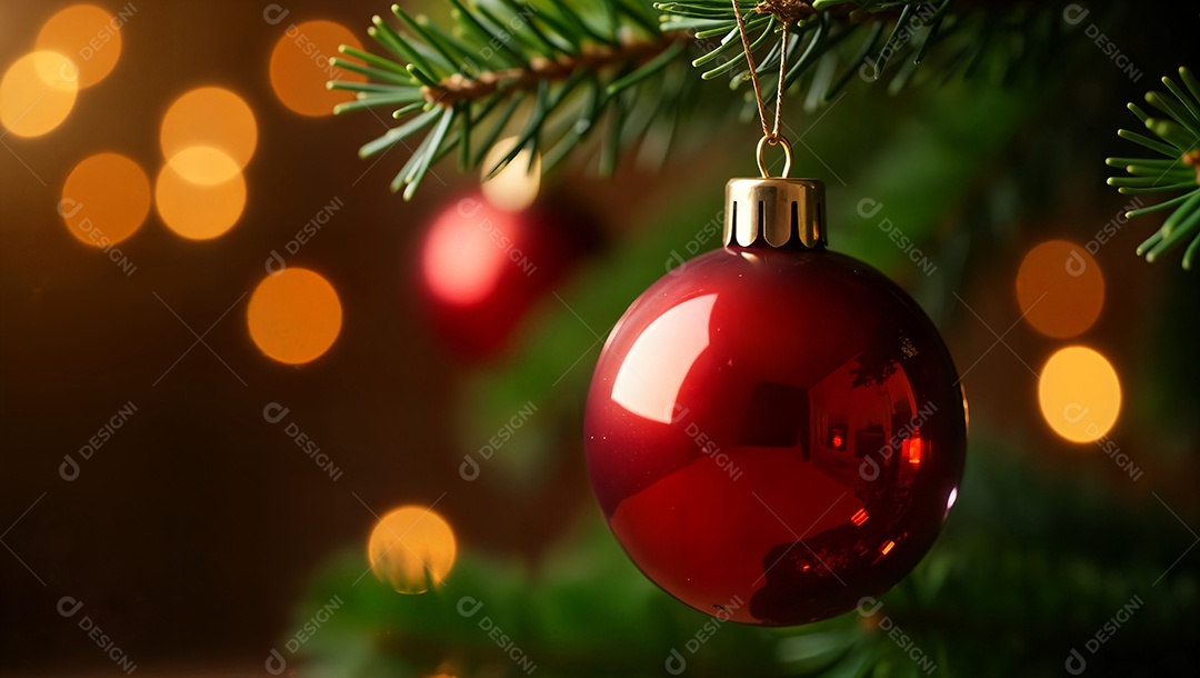 Detalhes de bolas em uma árvore enfeitada de natal