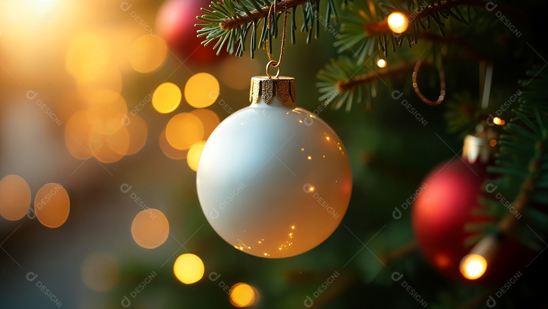 Enfeites natalinos em uma árvore decorada