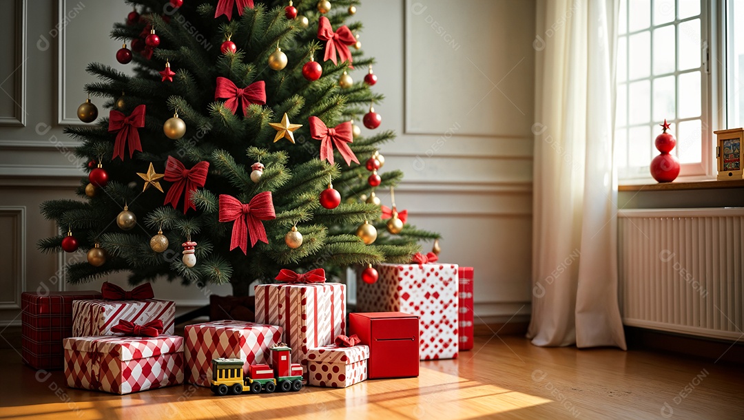 Árvore de natal com presentes em uma sala de estar decorada