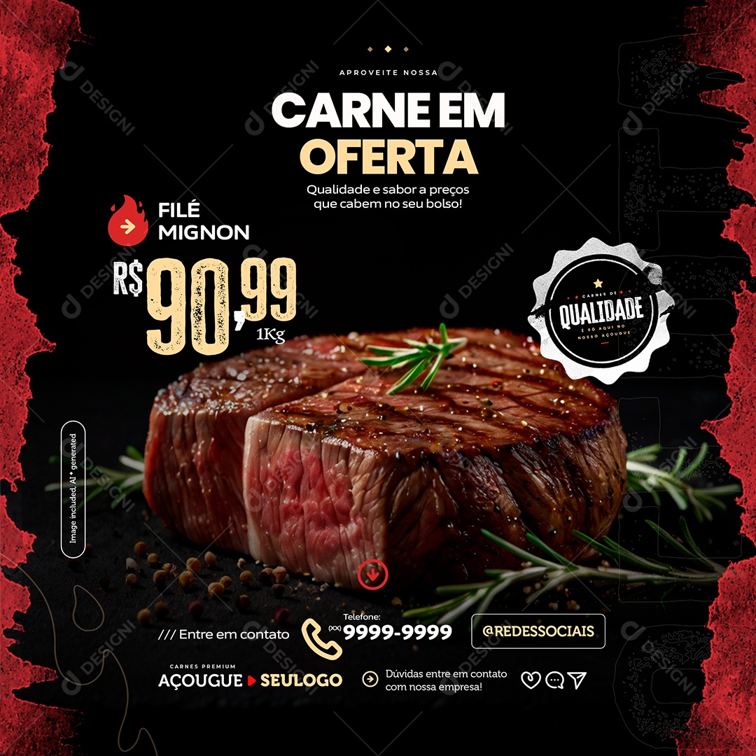 Post Açougue Carne Em Oferta Filé Mignon Social Media PSD Editável