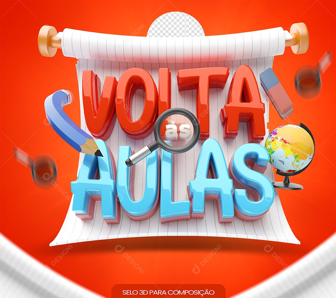 Volta às Aulas Selo 3D Vermelho e Azul para Composição PSD