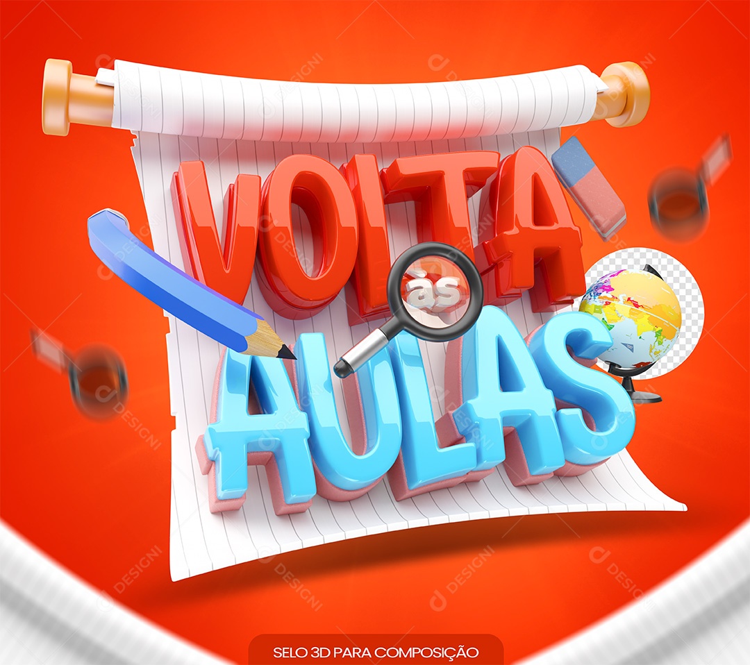 Volta às Aulas Selo 3D Vermelho e Azul para Composição PSD
