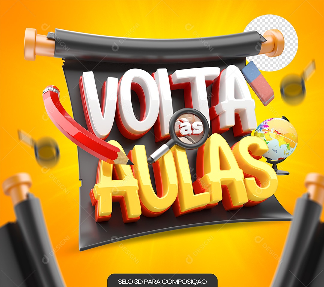 Volta às Aulas Selo 3D Branco e Amarelo para Composição PSD