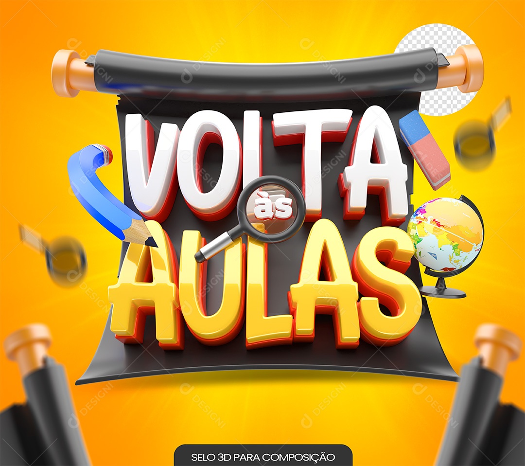 Volta às Aulas Selo 3D Branco e Amarelo para Composição PSD