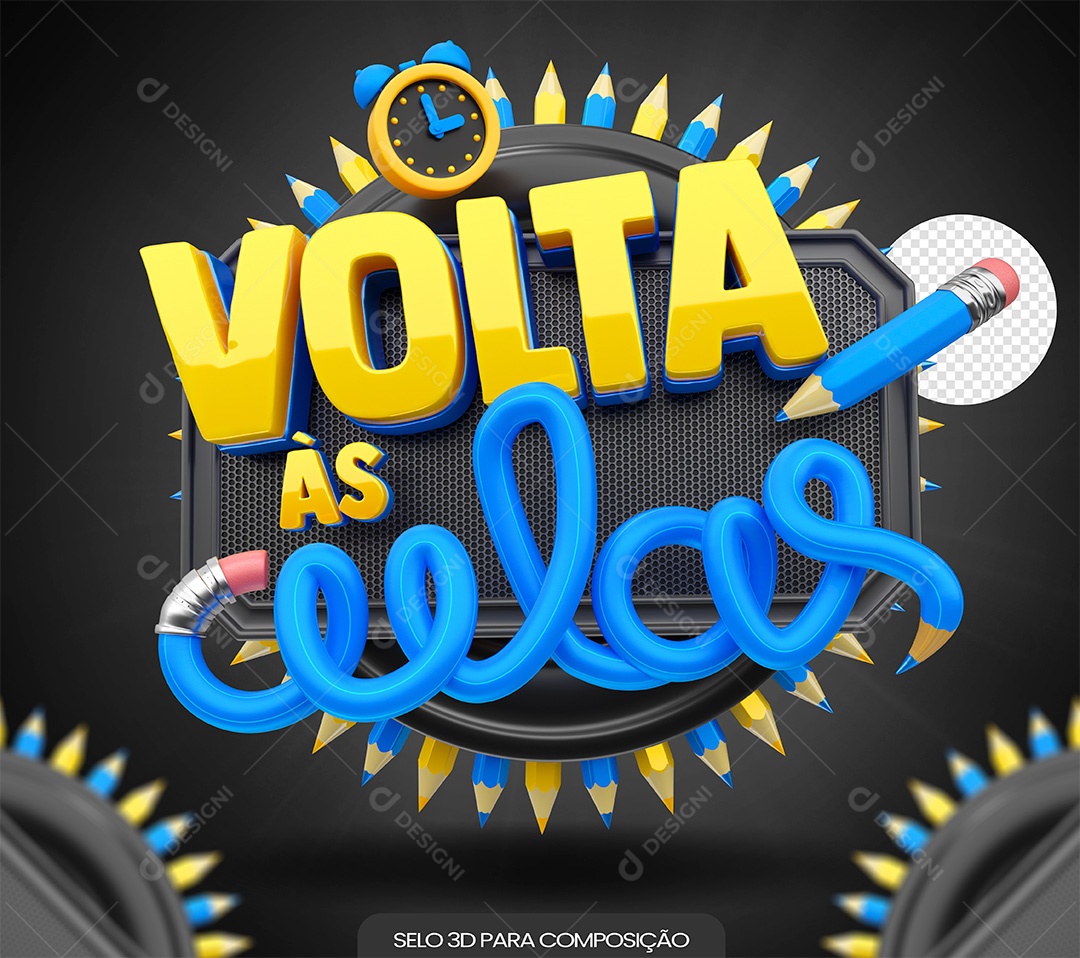Volta às Aulas Selo 3D Amarelo e Azul para Composição PSD