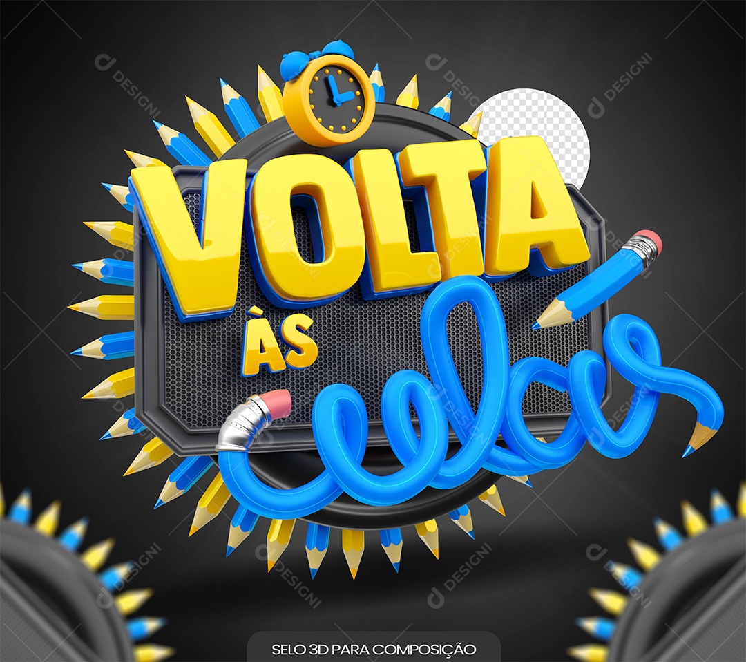 Volta às Aulas Selo 3D Amarelo e Azul para Composição PSD