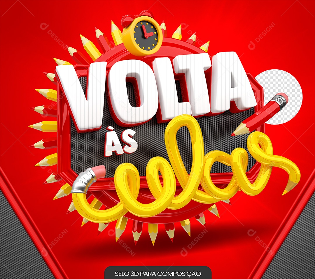 Selo 3D Volta às Aulas Branco Amarelo e Vermelho para Composição PSD