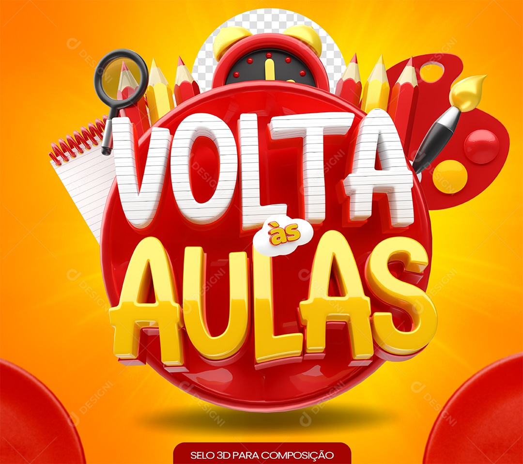 Volta às Aulas Selo 3D Branco Amarelo e Vermelho para Composição PSD