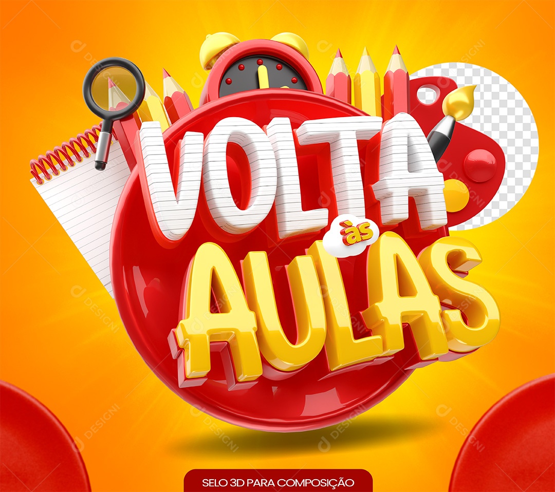 Volta às Aulas Selo 3D Branco Amarelo e Vermelho para Composição PSD