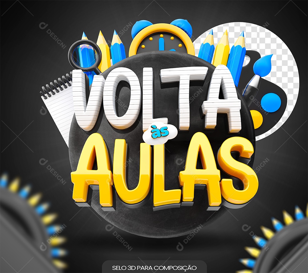 Volta às Aulas Selo 3D Branco e Amarelo para Composição PSD