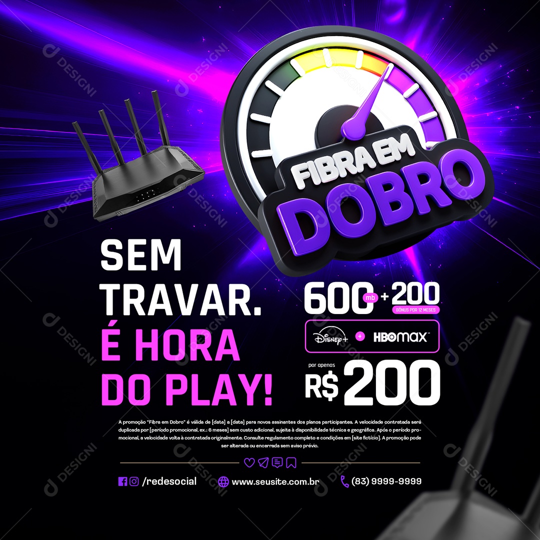 Fibra em Dobro Provedor de Internet Sem Travar é Hora do Play Social Media PSD Editável