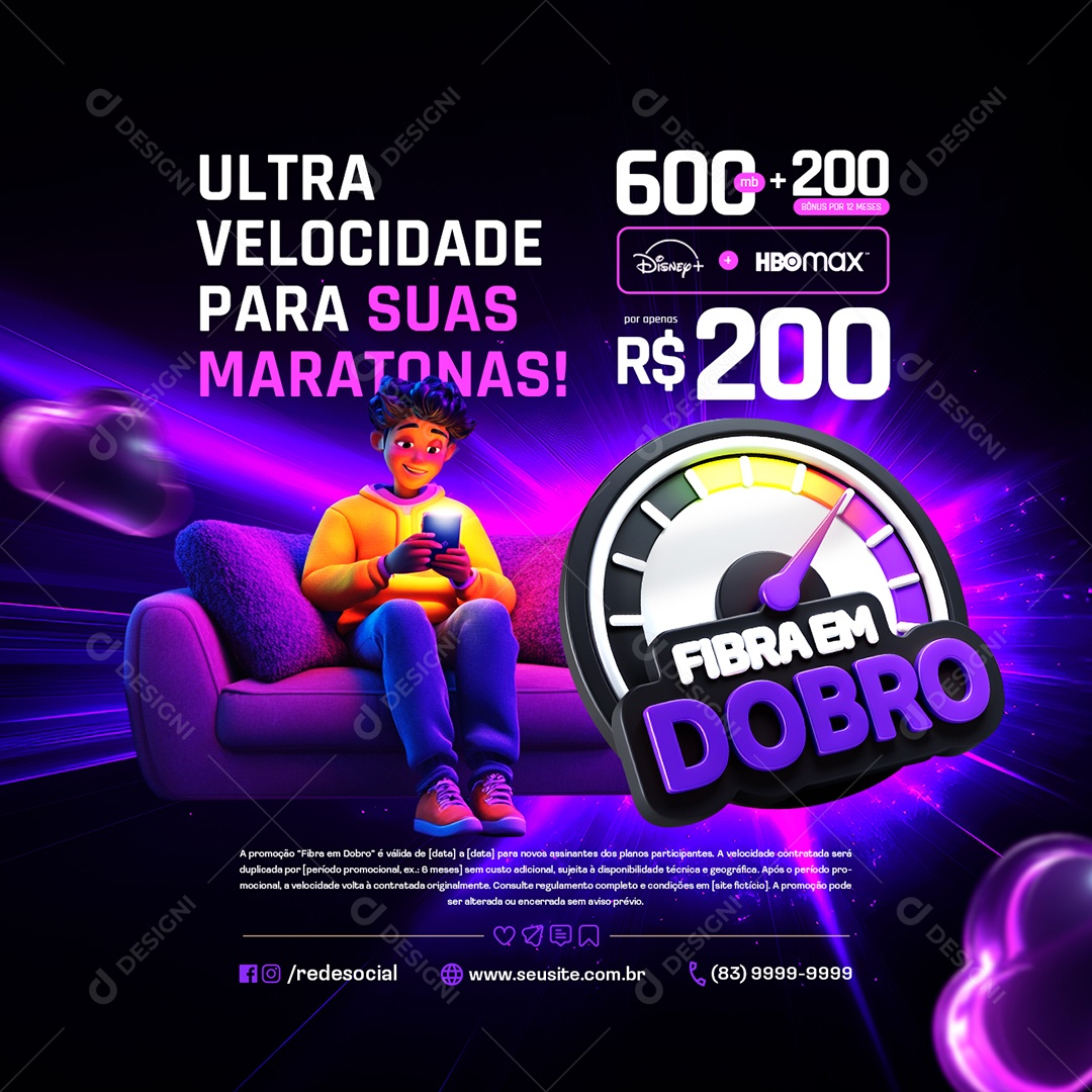 Fibra em Dobro Provedor de Internet Ultra Velocidade Social Media PSD Editável