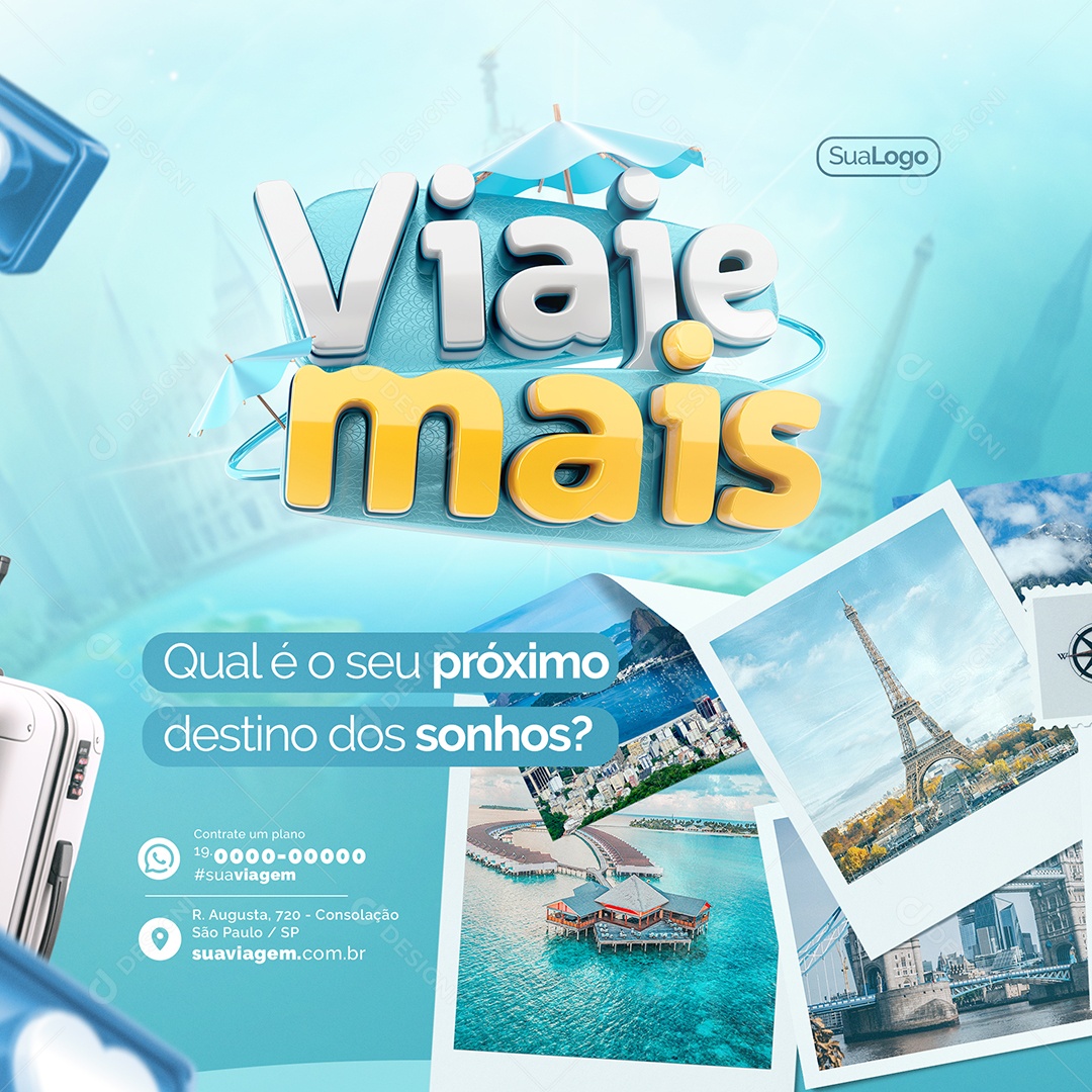 Agência de Viagens Viaje Mais Qual é o Seu Próximo Destino Social Media PSD Editável