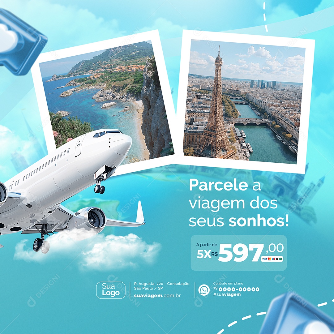 Agência de Viagens Viaje Mais Parcele a Viagem dos Seus Sonhos Social Media PSD Editável