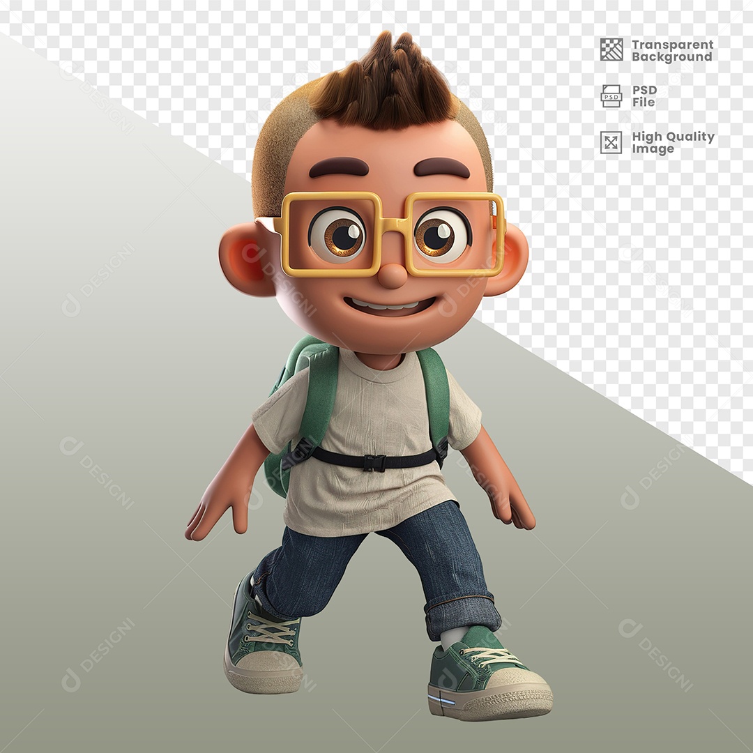Estudante Menino Com Mochila Personagem 3D para Composição PSD