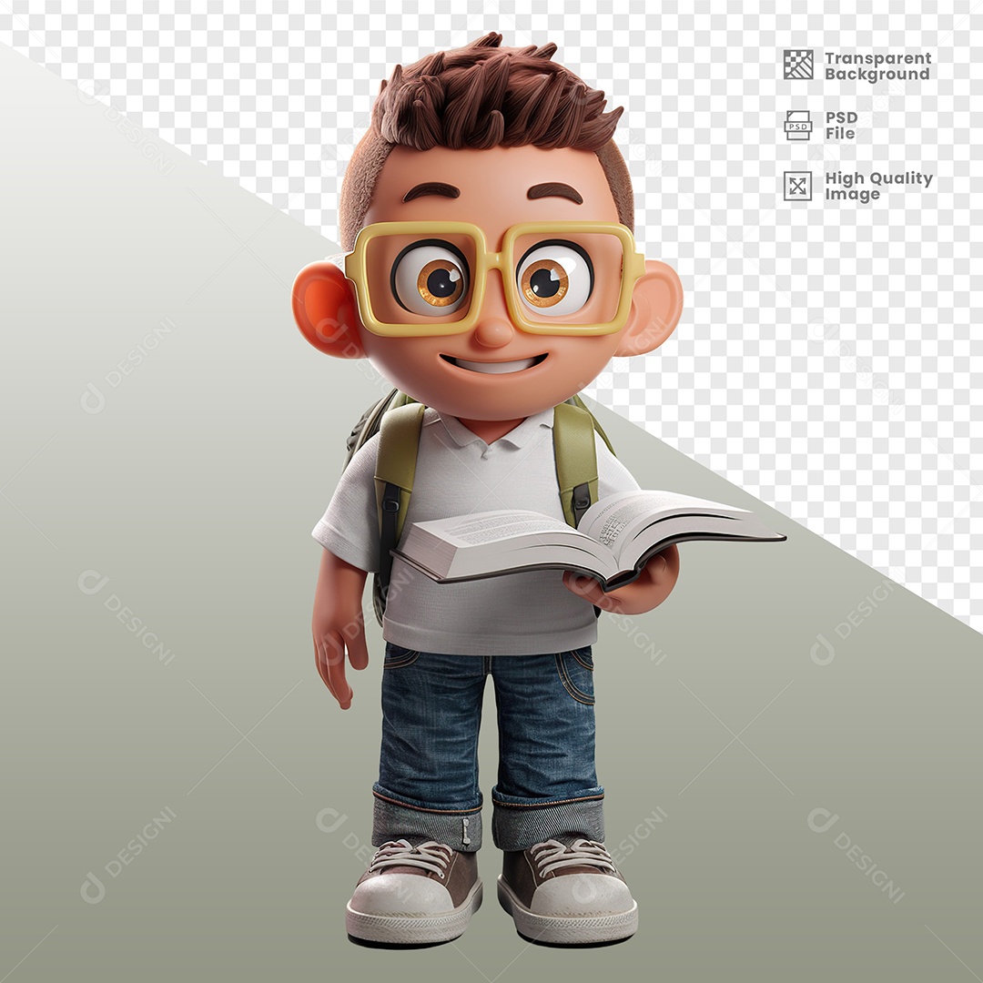 Estudante Menino Com Mochila Segurando Livro Personagem 3D para Composição PSD