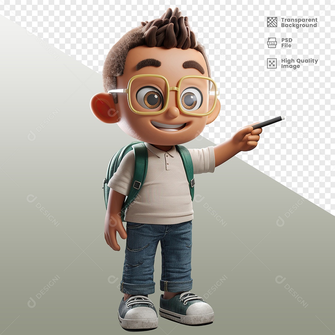 Estudante Menino Com Mochila Personagem 3D para Composição PSD