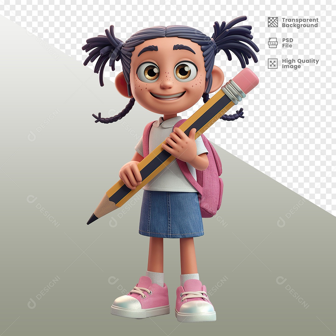 Estudante Menina Com Bolsa Segurando Lápis Personagem 3D para Composição PSD