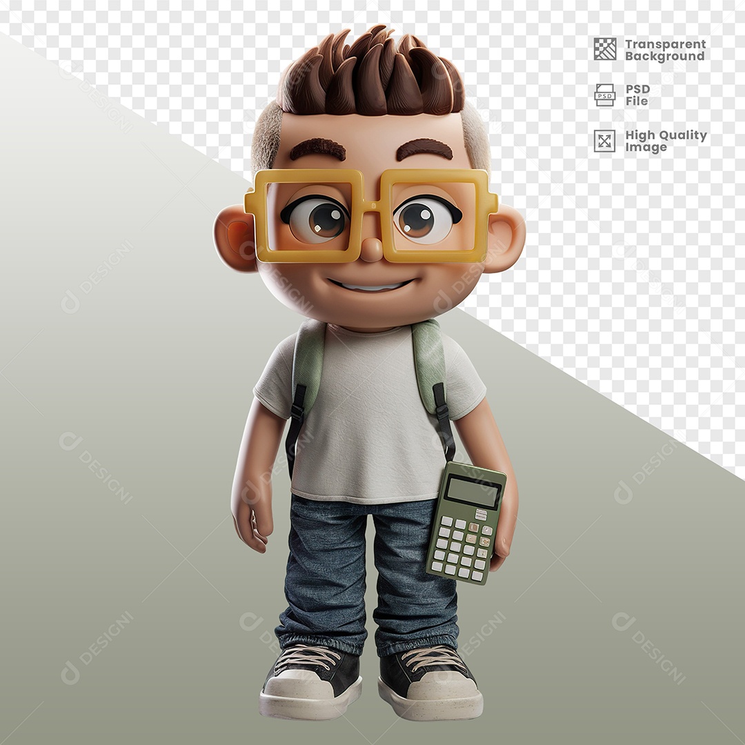 Student Boy With Backpack Holding Calculator 3D Character for PSD Composition