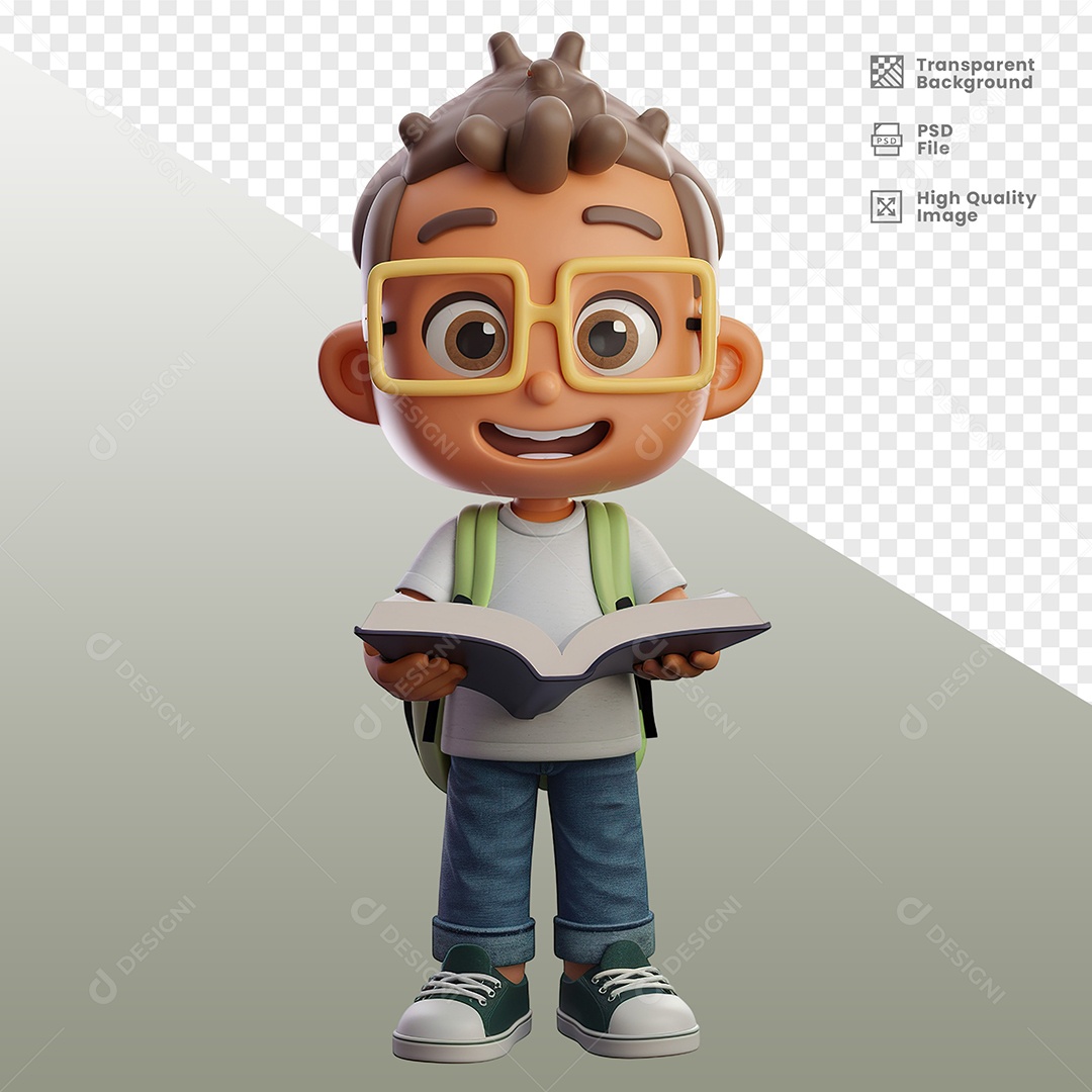 Estudante Menino Com Mochila Segurando Livro Personagem 3D para Composição PSD