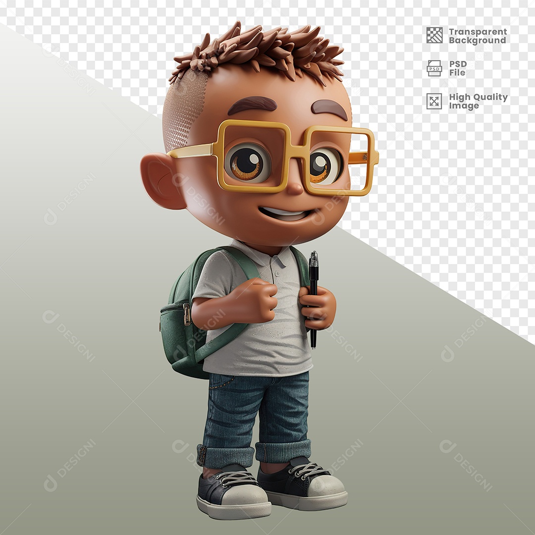 Estudante Menino Com Mochila Personagem 3D para Composição PSD