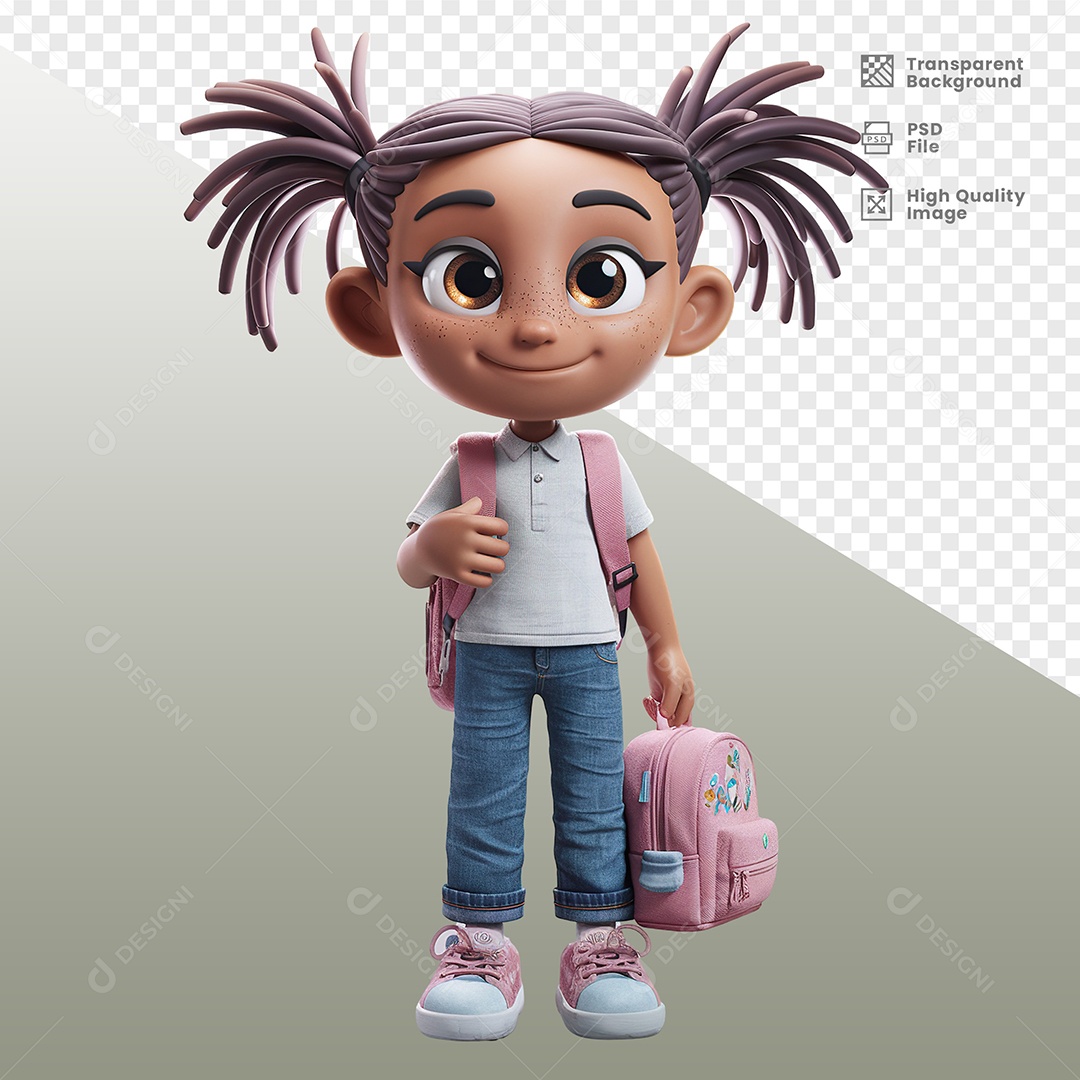 Estudante Menina Segurando Mochila Personagem 3D para Composição PSD