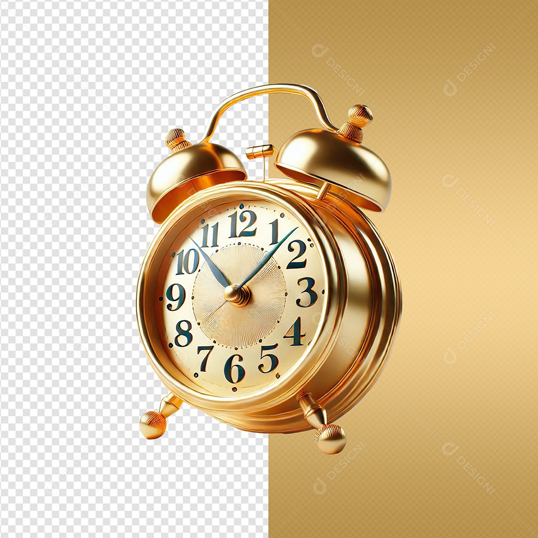 Despertador Relógio Dourado Elemento 3D para Composição PSD