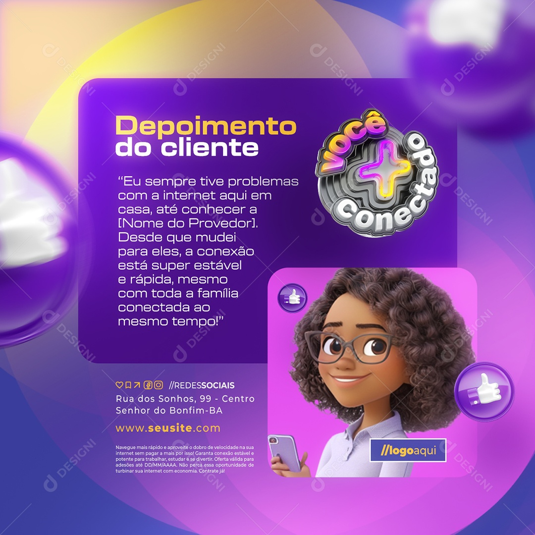 Você Mais Conectado Provedor de Internet Depoimento do Cliente Feedback Social Media PSD Editável