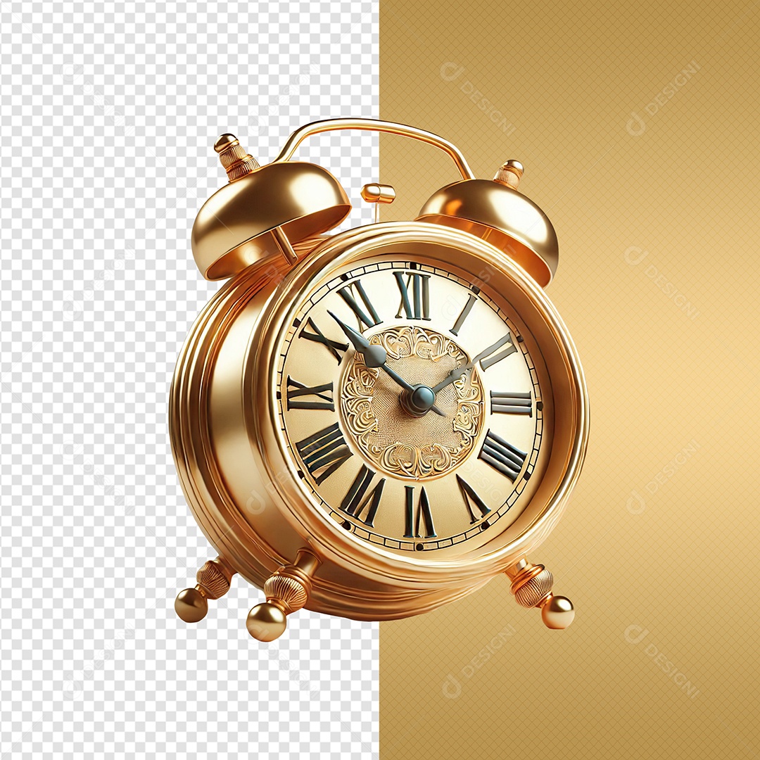 Despertador Relógio Dourado Elemento 3D para Composição PSD