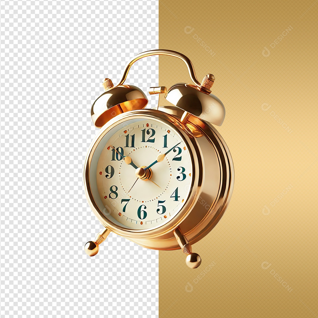 Despertador Relógio Dourado Elemento 3D para Composição PSD