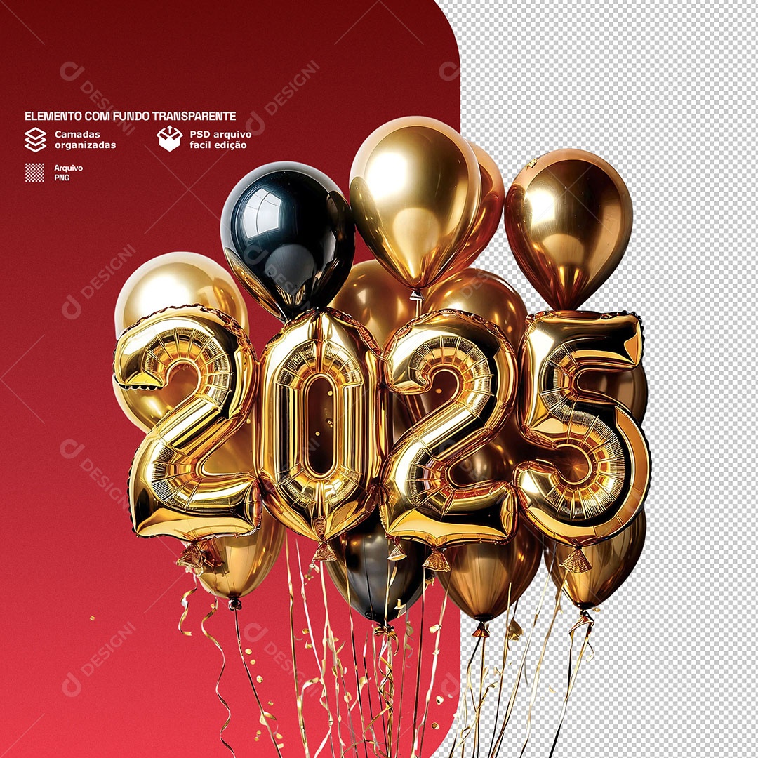 Elemento 3D Número 2025 Dourado de Ano Novo para Composição PSD
