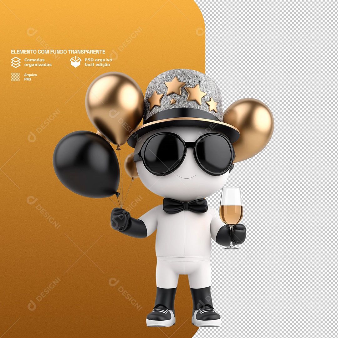 Personagem 3D Curtindo Virada de Ano para Composição PSD