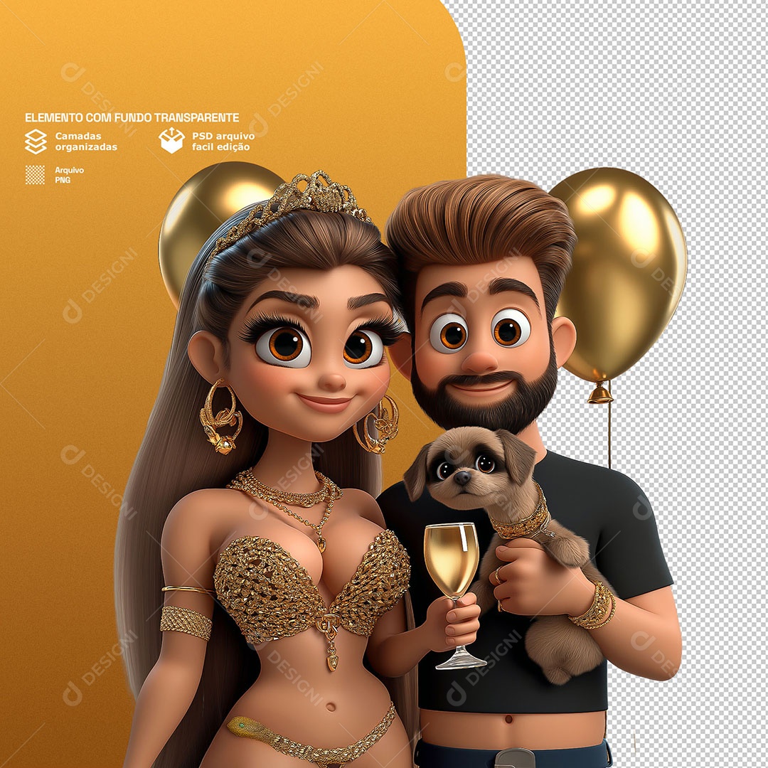 Personagem 3D Curtindo Virada de Ano para Composição PSD