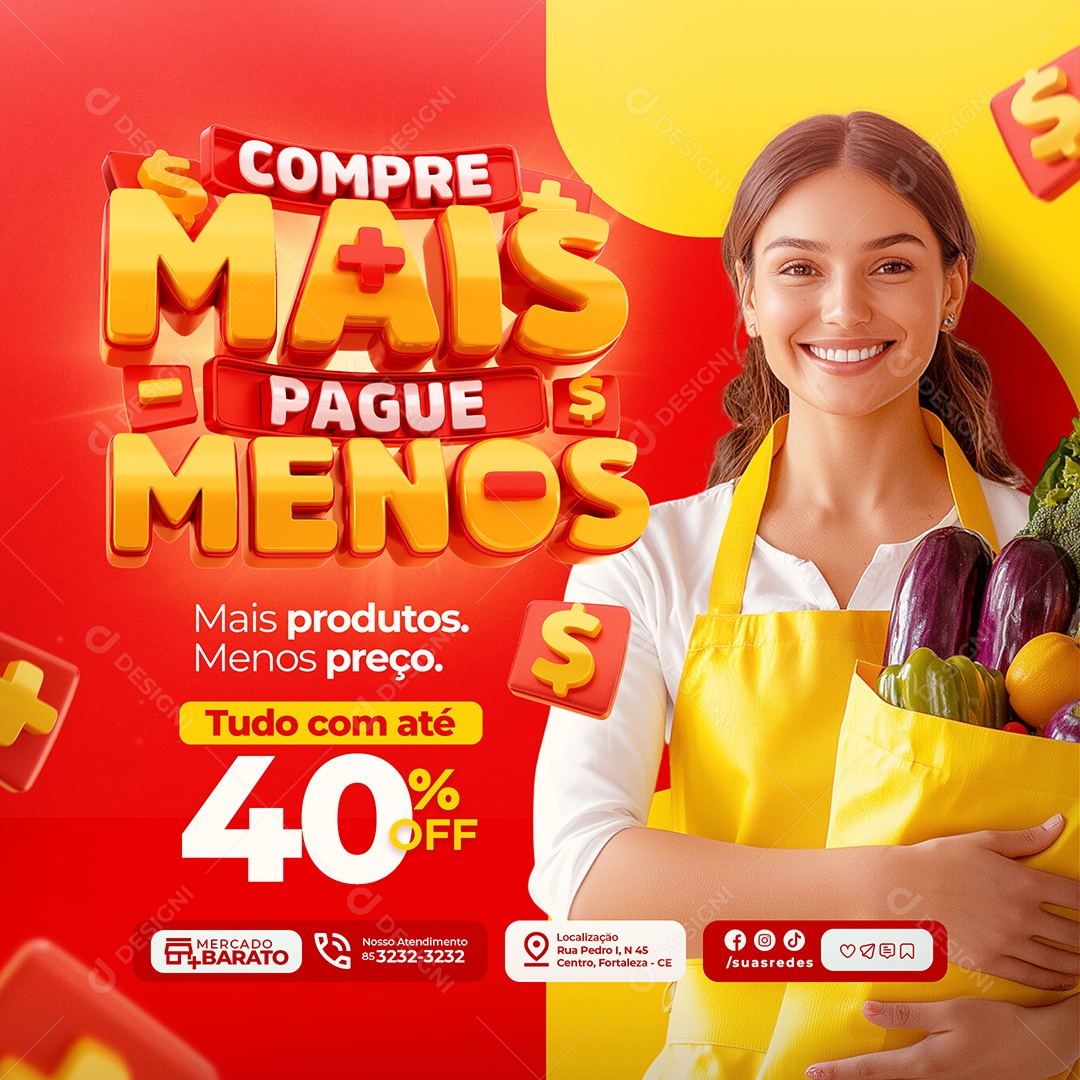 Supermercado Compre Mais Pague Menos Mais Produtos Social Media PSD Editável