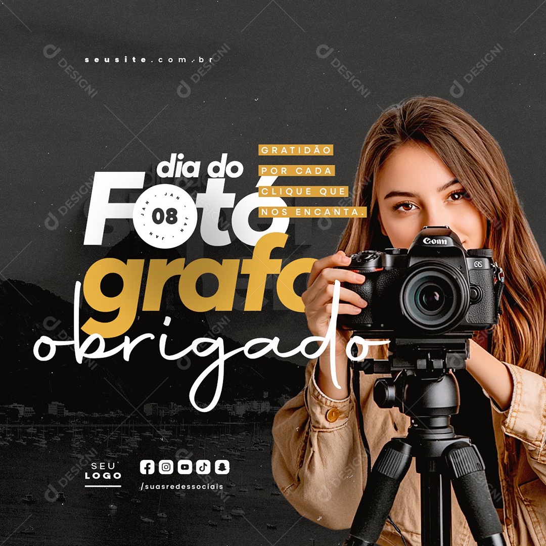 Dia do Fotográfo 08 de Janeiro Obrigado Social Media PSD Editável
