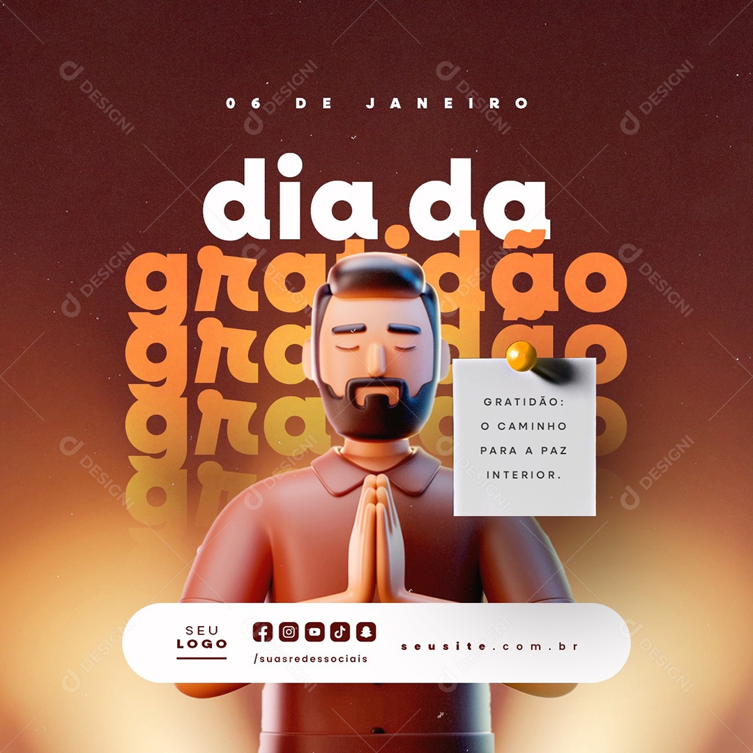 Dia da Gratidão 06 de Janeiro O Caminho para a Paz Interior Social Media PSD Editável