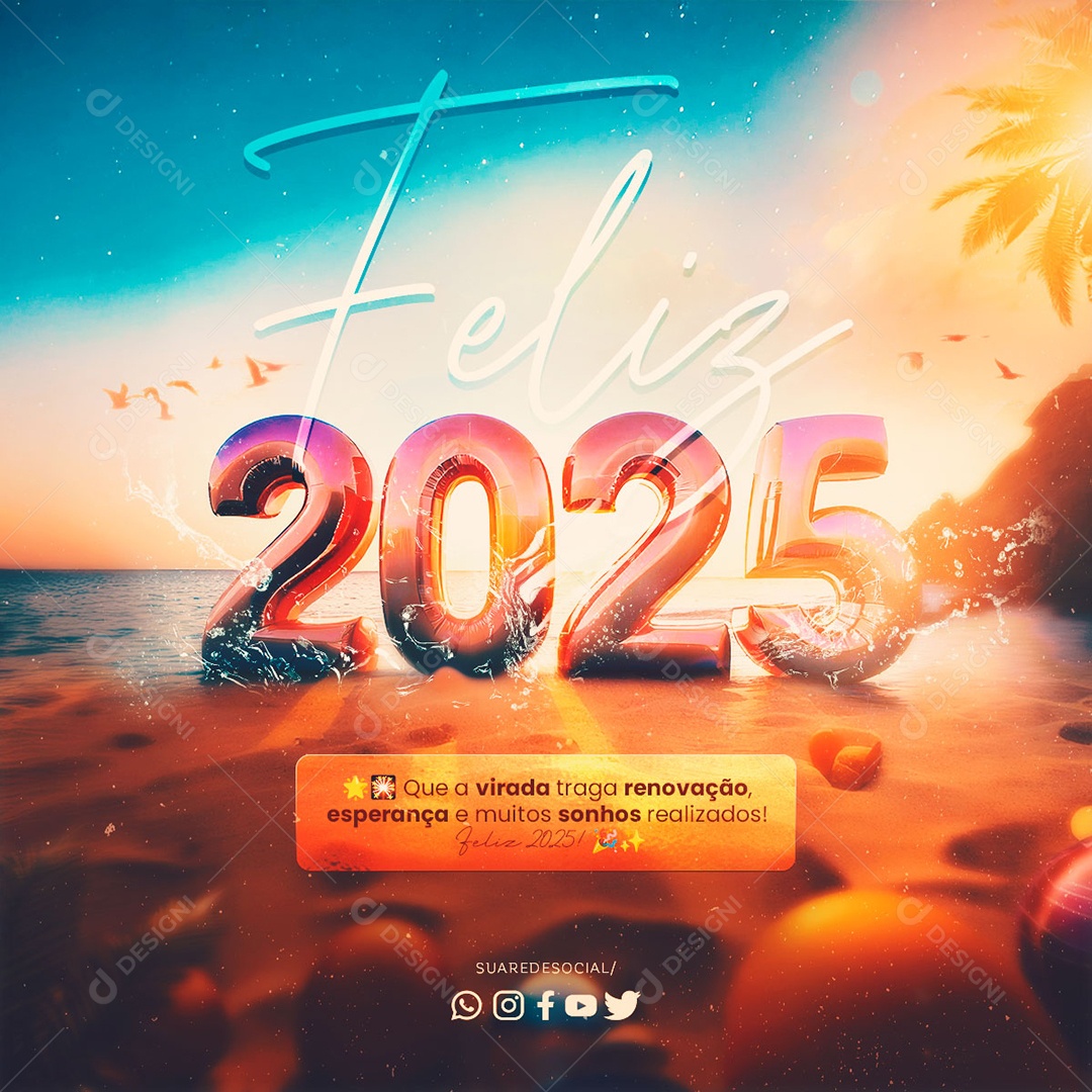 Feliz Ano Novo 01 de Janeiro 2025 Social Media PSD Editável