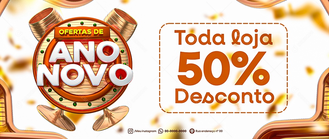 Social Media Banner Ofertas De Ano Novo Toda Loja 50% Desconto PSD Editável