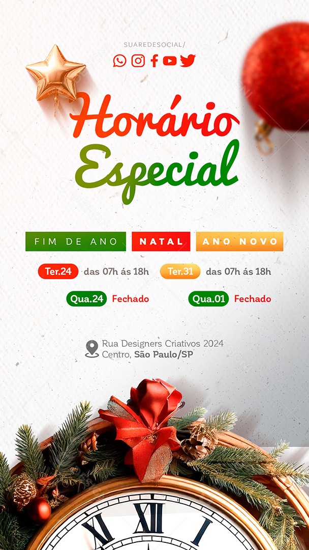 Story Horário Especial Funcionamento Social Media PSD Editável