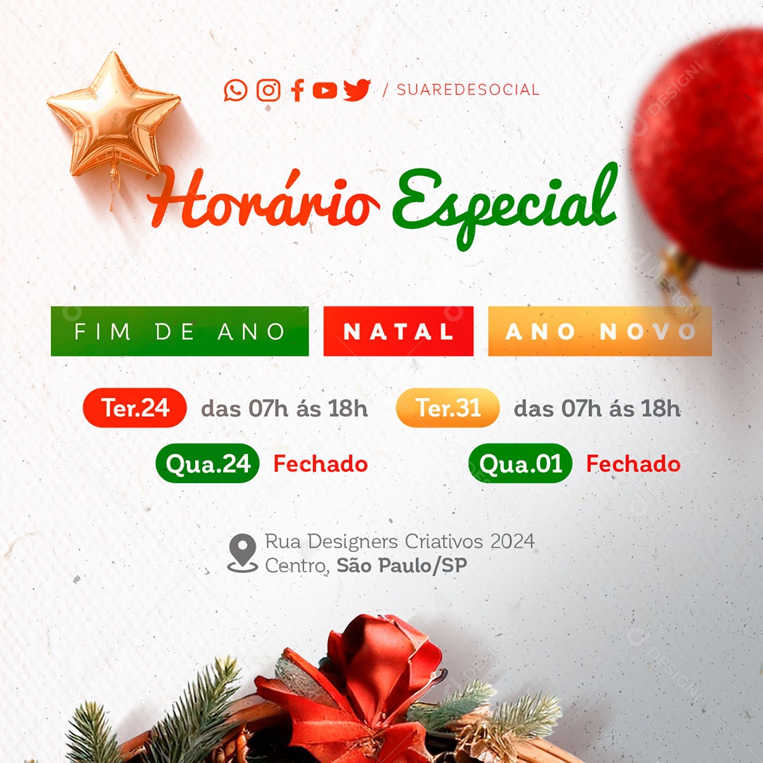 Horário Especial Funcionamento Social Media PSD Editável