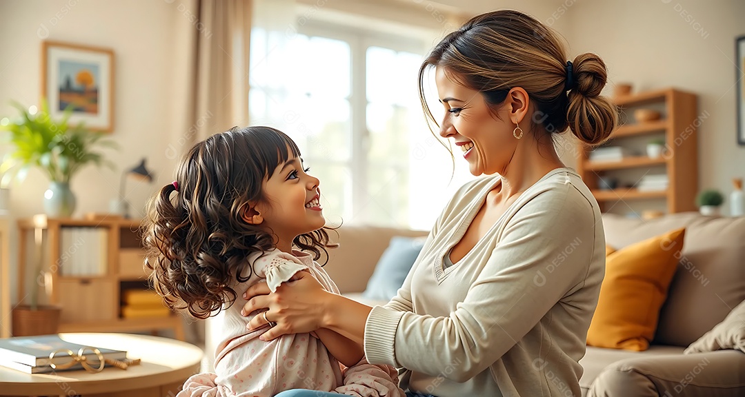 Filha abraçando a mãe e lhe dá afeto em casa