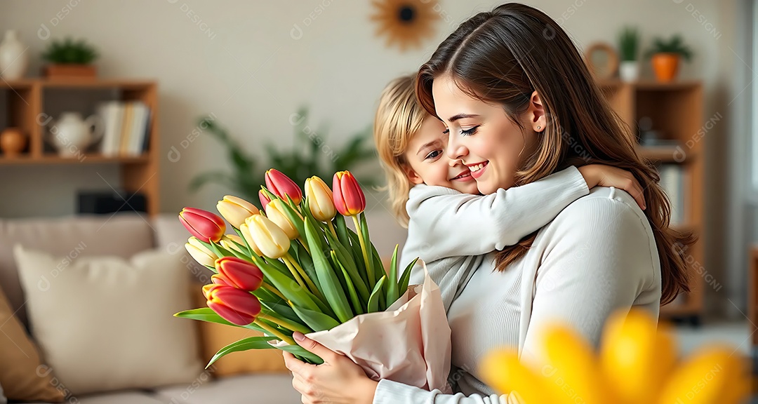 Filha abraçando a mãe e lhe dá um buquê de flores e tulipas em casa