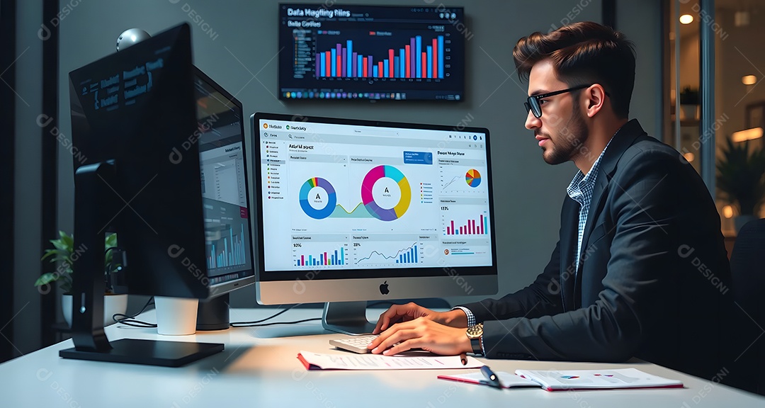 Um analista usa um computador e um painel para análise de negócios de dados