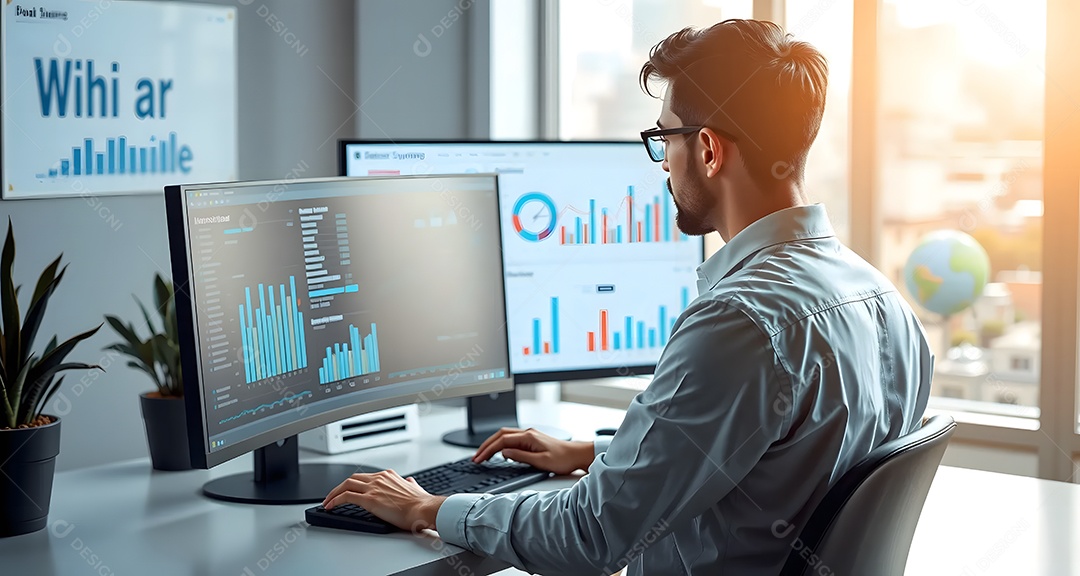 Um analista usa um computador e um painel para análise de negócios de dados