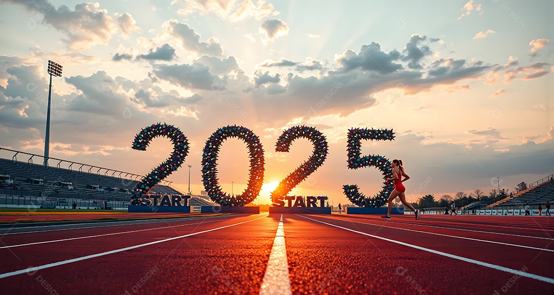 Pista de atletismo com mulher e numero 2025 ano novo