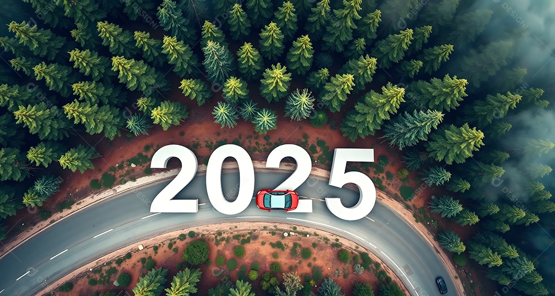 Estrada aérea com vista superior na floresta com carro para iniciar o novo ano 2025