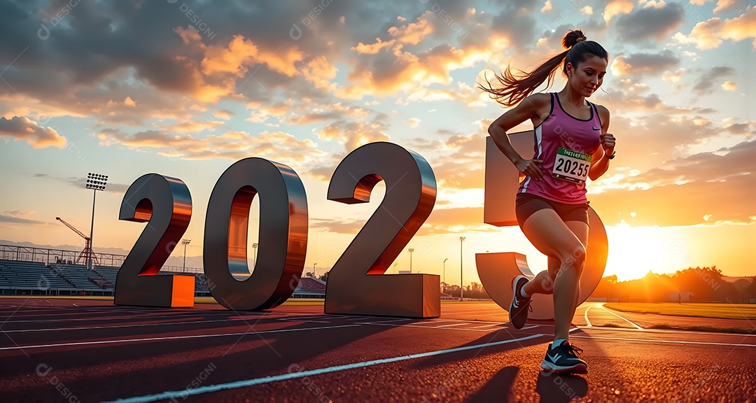 Palavra início 2025 escrita na pista de atletismo e atleta corredora