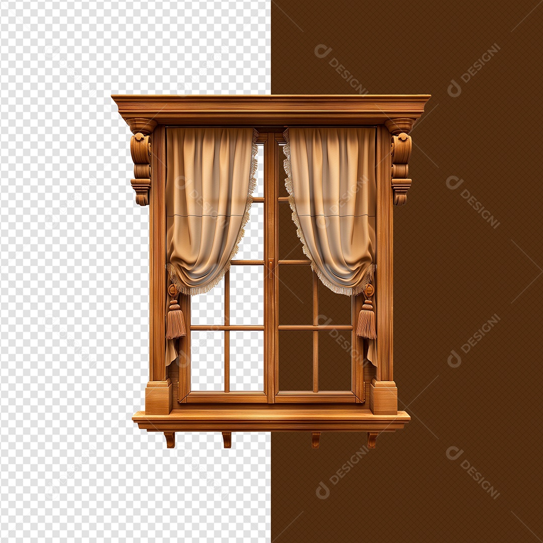 Elemento 3D Janela de Madeira para Composição PSD